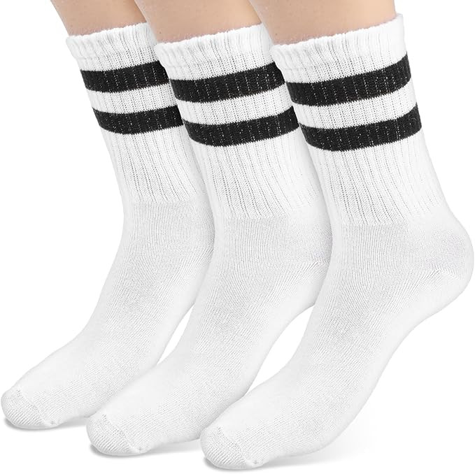 TIESOME 3 Pairs Striped Trim Casual Crew Socks, White Casual Athletic Socks Vintage Retro Gym Run... | Amazon (US)
