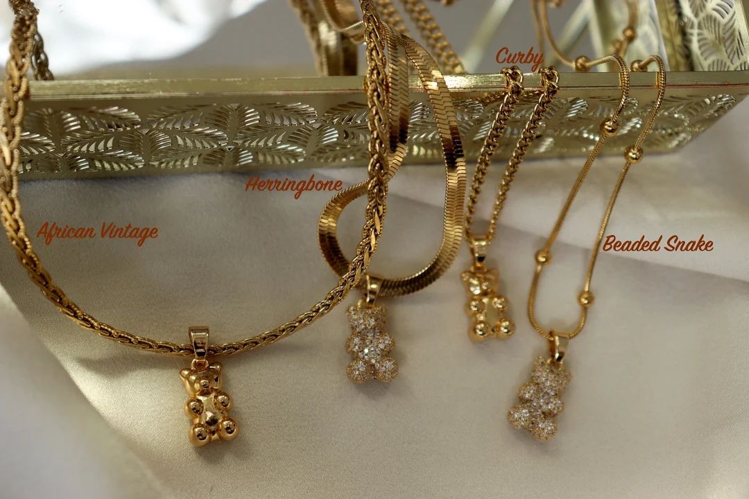 18K Gold BEAR Gold Charm Pendant Teddy Bear Crystal Bear Animal Necklace Choker Necklace Hoop Ear... | Etsy (US)