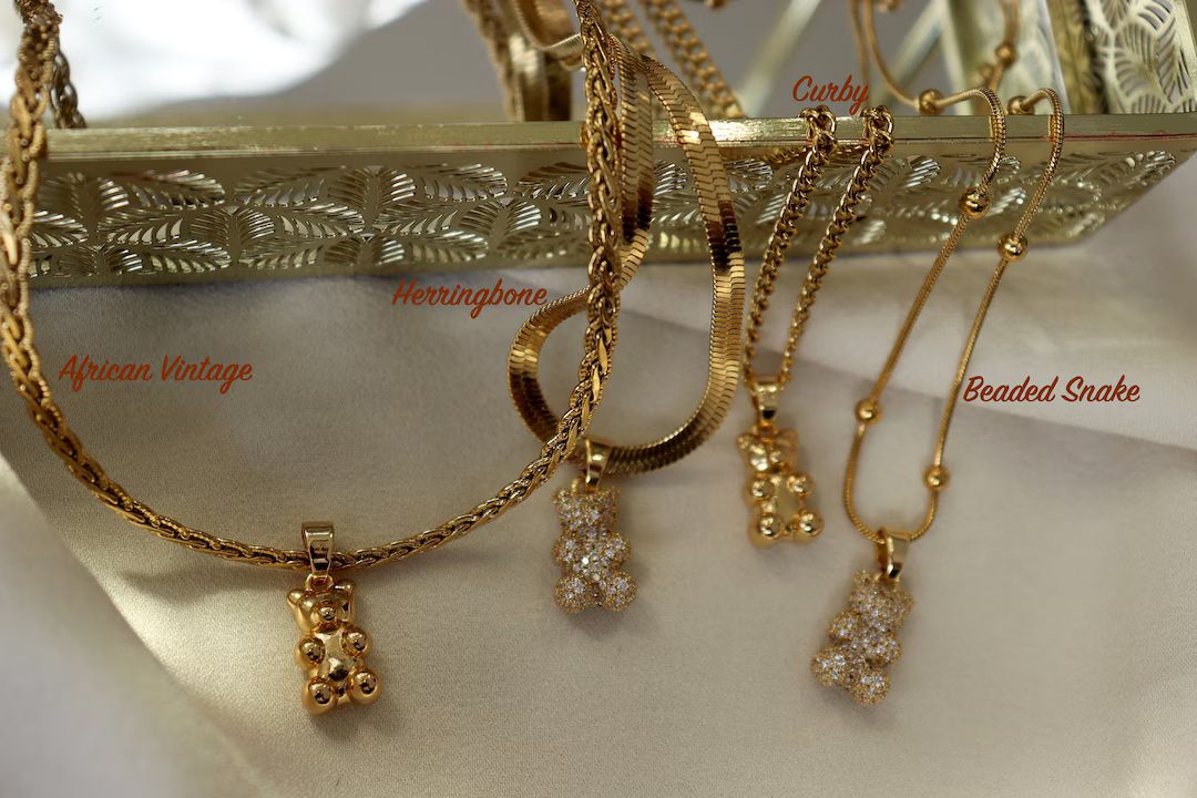 18K Gold BEAR Gold Charm Pendant Teddy Bear Crystal Bear Animal Necklace Choker Necklace Hoop Ear... | Etsy (US)