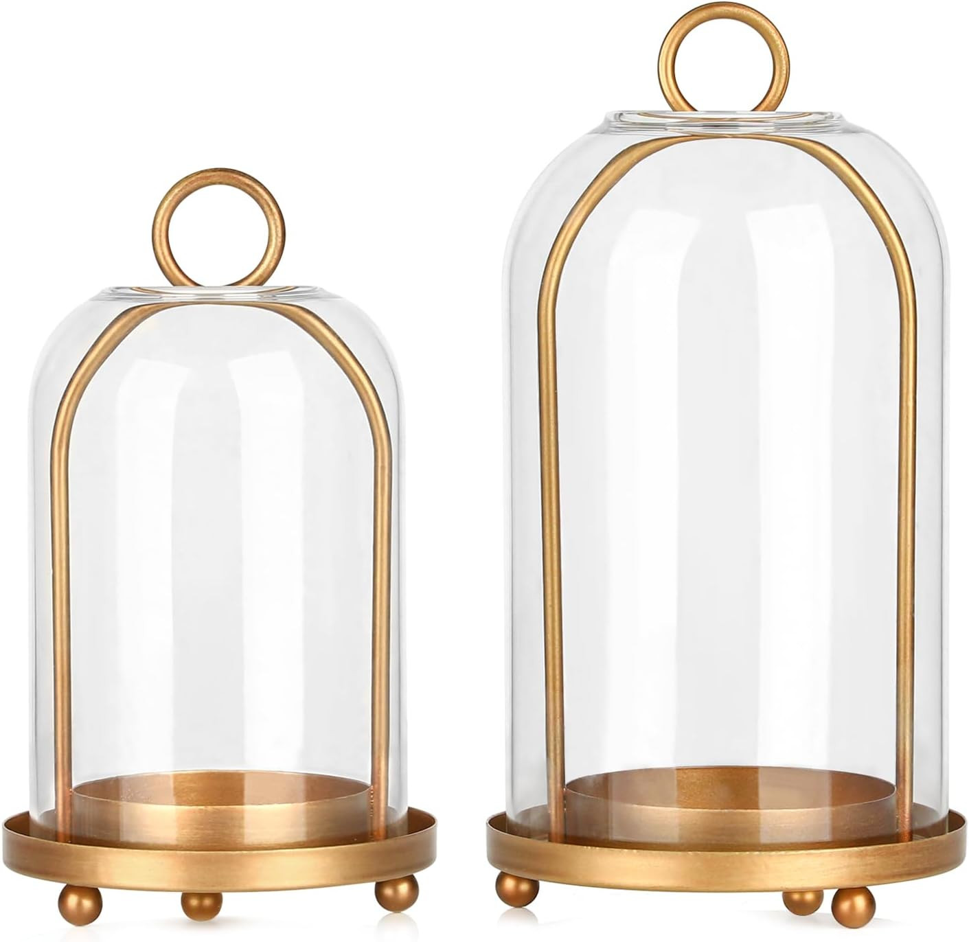Vintage Brass Metal Candle Lantern with Thick Glass Dome – Set of 2 Shabby Chic Style Candle Holders (5.25"x10" & 4.5"x7.87") – Hanging or Tabletop Decor for Pillar Candles, Plants | Amazon (US)