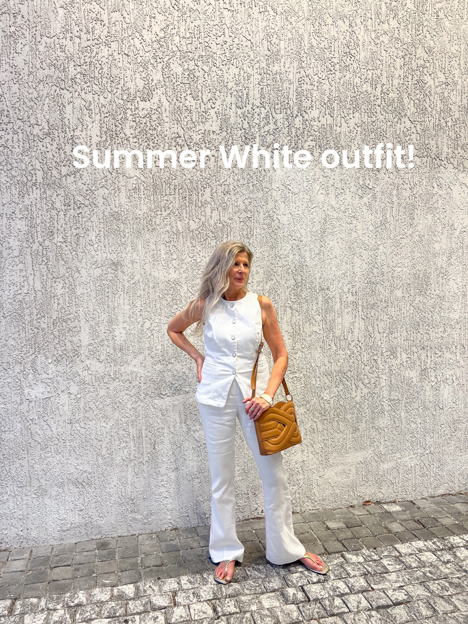 All white for Summer! Just love this button white vest paired with white flare pants, gold flat sandals & crossbody bag. #ltksummeredit “ltktravel 

#LTKOver40 #LTKShoeCrush #LTKSaleAlert