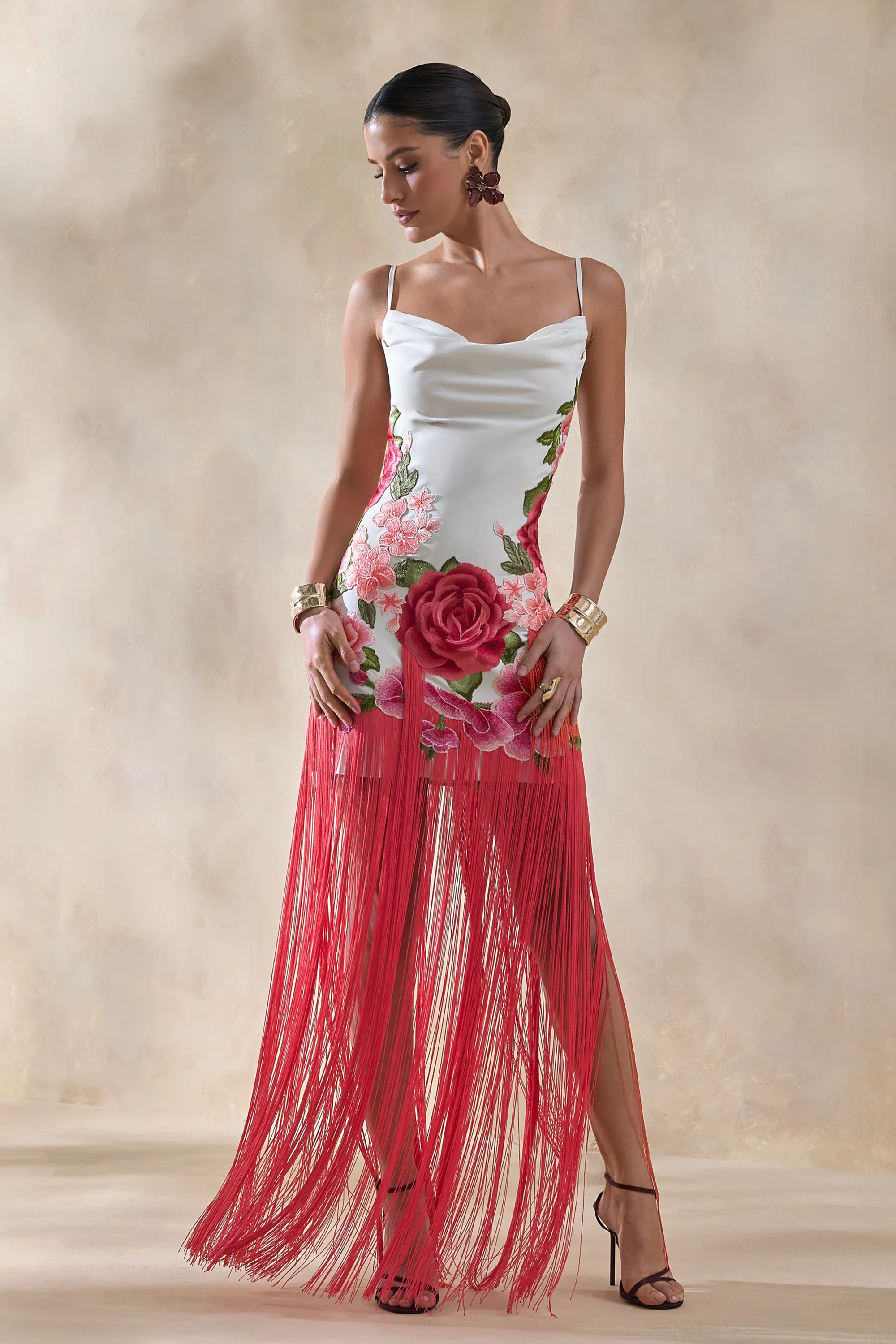 Bejewelled | Cream and Pink Floral Cowl-Neck Maxi Dress With Fringe He | Club L London
