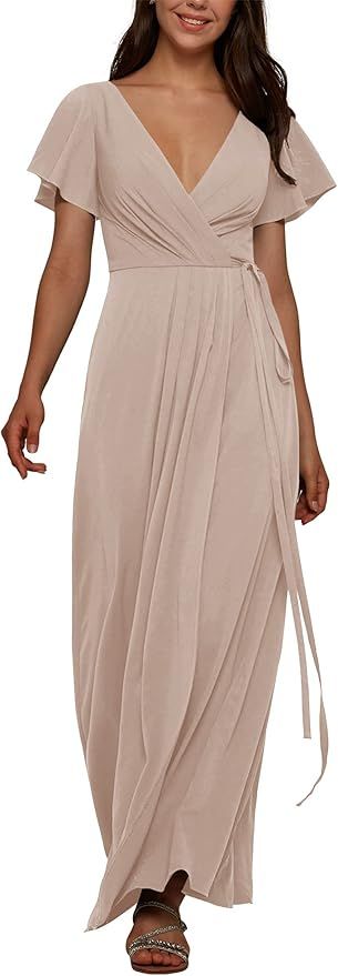 ALICEPUB V Neck Wrap Bridesmaid Dresses Long for Women Chiffon Formal Wedding Party Dress with Sl... | Amazon (US)