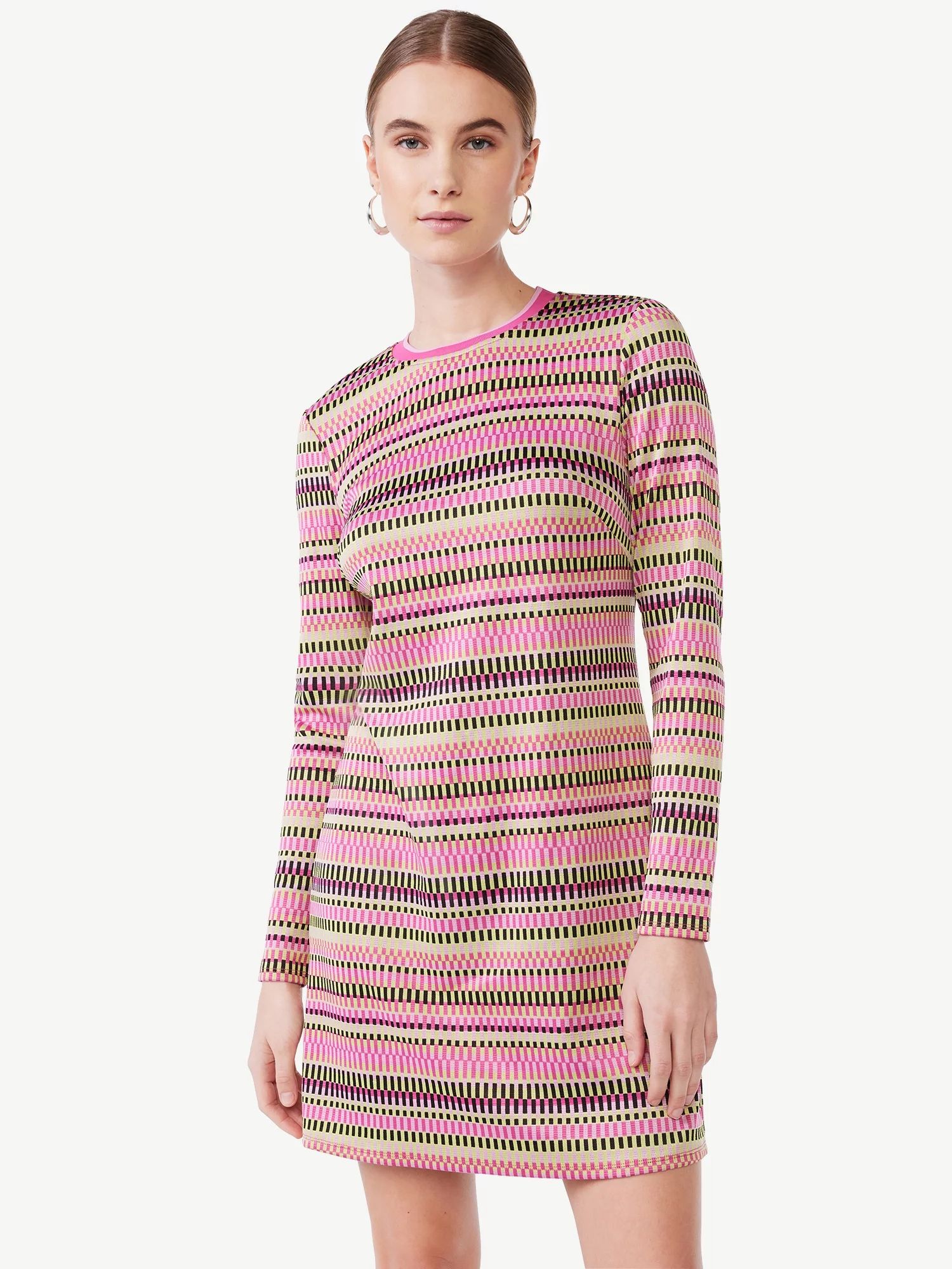 Scoop Women's Crewneck Jacquard Short Dress with Long Sleeves, Sizes XS-XXL - Walmart.com | Walmart (US)