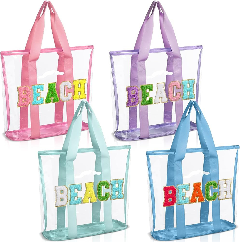 Shinylin 4 Pcs Chenille Letter Beach Tote Bag, 16x13x13 Large Waterproof Clear PVC Bag with Nylon... | Amazon (US)