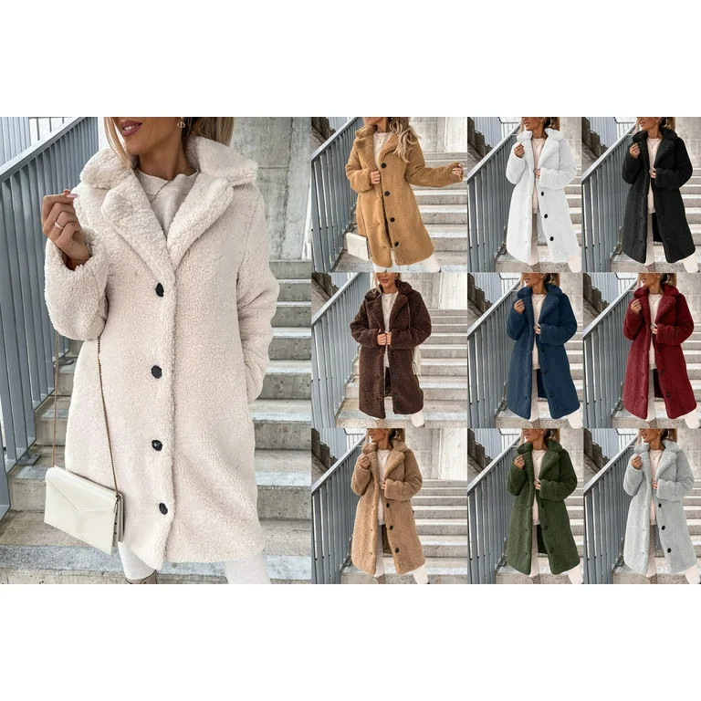 Crunowin Women's Winter Faux Fur Coats, Long Sleeve Lapel Button Down Pockets Fleece Jacket Casua... | Walmart (US)