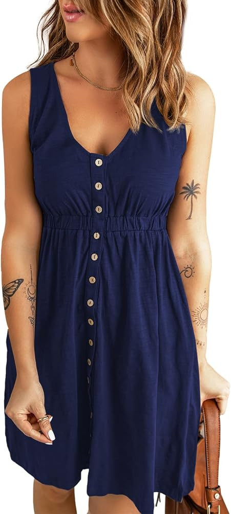 BLENCOT Women's Casual Sleeveless T-Shirt Dresses Summer V Neck Button Down Swing Short Dress | Amazon (CA)