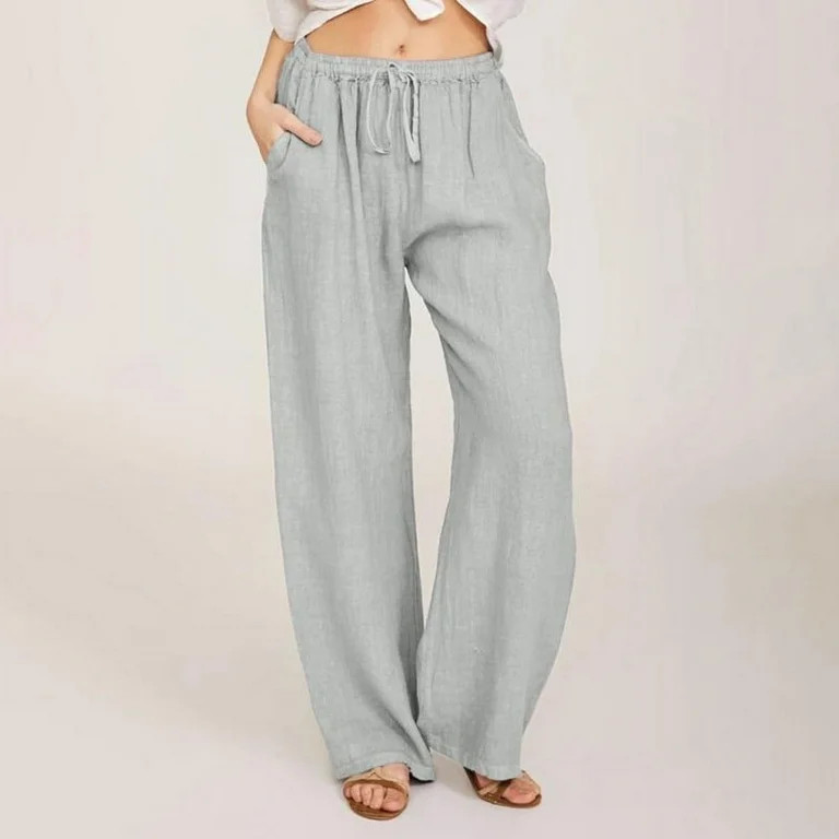 Womens Slacks Women's Relaxed Fit Straight Leg Pants Solid Cotton Linen Drawstring Elastic Waist ... | Walmart (US)
