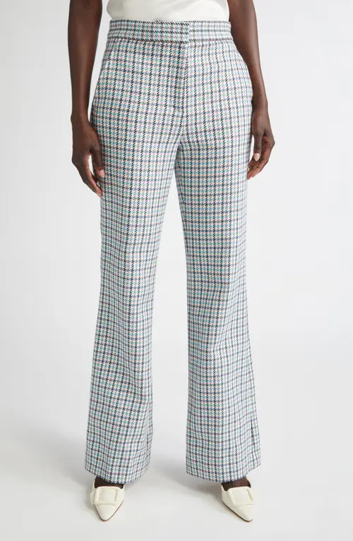 ST. JOHN Houndstooth Stretch Cotton Flare Leg Pants in Tropical Blue/Ivory Multi at Nordstrom, Size 10 | Nordstrom