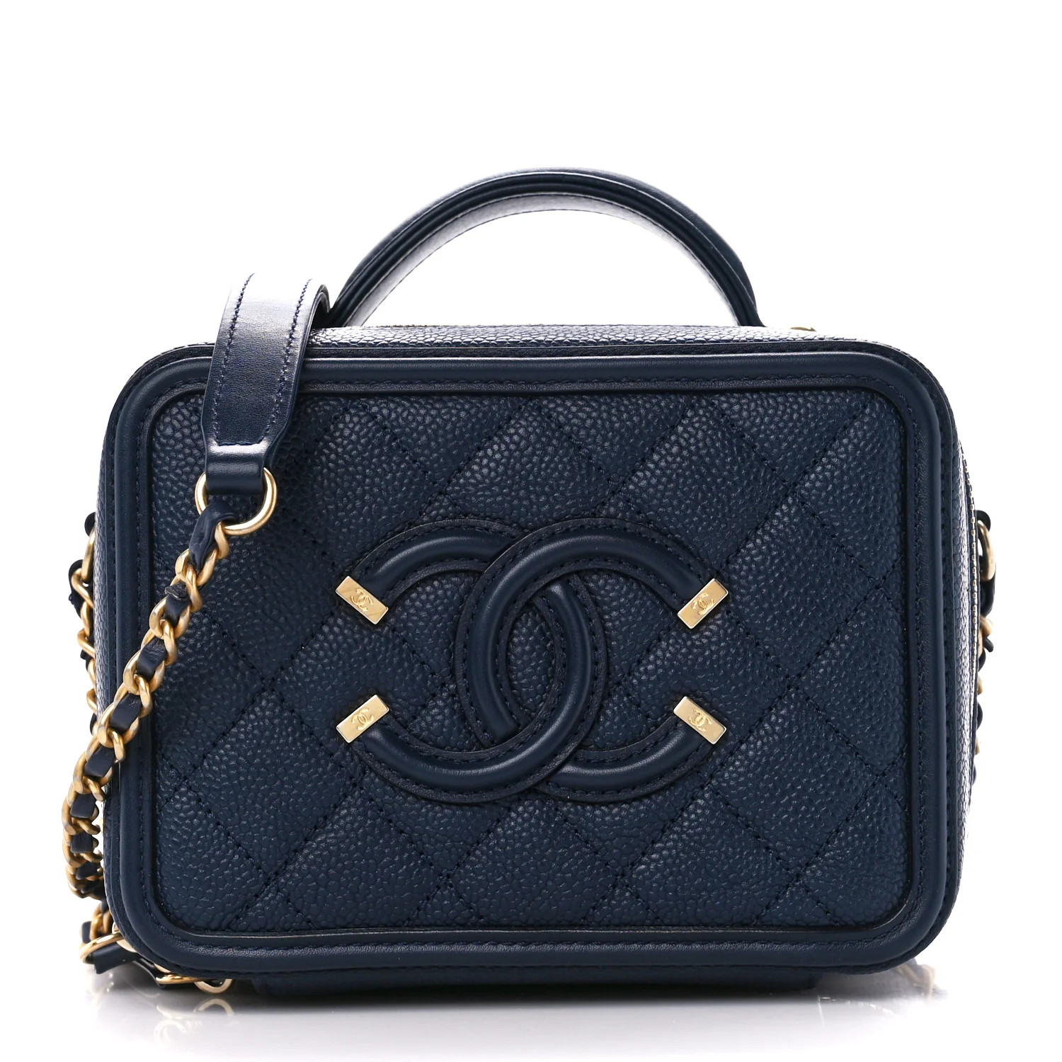 Caviar Quilted Small CC Filigree Vanity Case Navy | FASHIONPHILE (US)