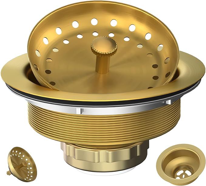 EXAKEY Kitchen Sink Drain Assembly Gold Sink Drain Strainer with Fixed Post 3-1/2 Inch Kitchen Dr... | Amazon (US)