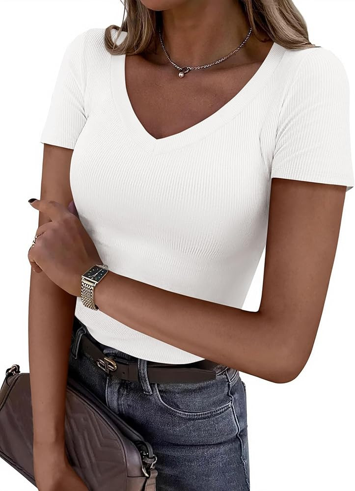 PRETTYGARDEN Women 2026 Spring Tops Trendy Ribbed Short Sleeve V Neck Fitted Basic Tee Shirts Cas... | Amazon (US)