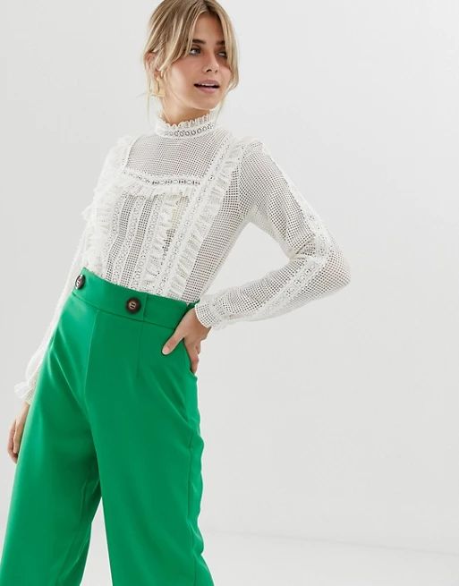 Miss Selfridge blouse with frill neck in white lace | ASOS US