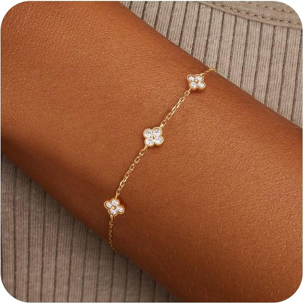 Birthstone Gold Clover Bracelet Dainty 14K Gold Plated Cute Friendship Stackable Bracelets for Wo... | Amazon (US)