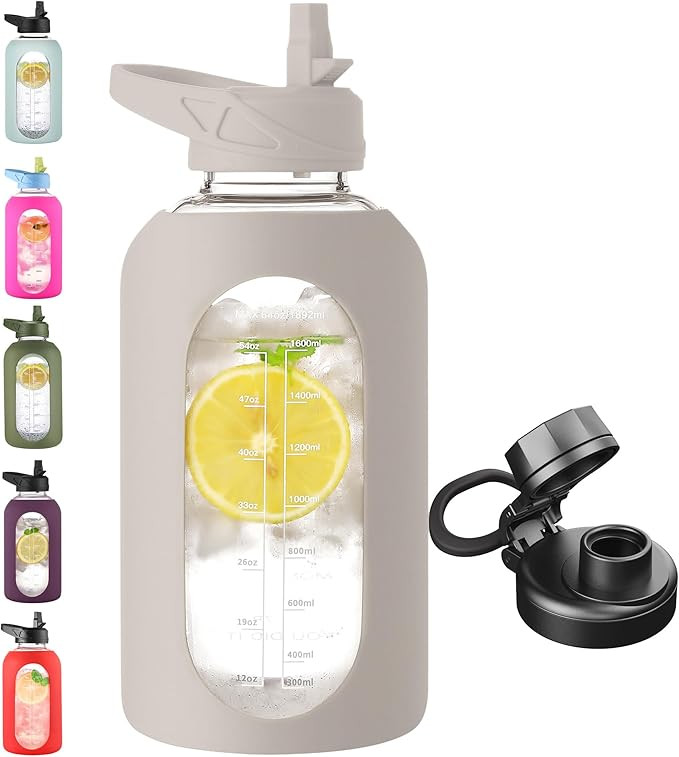 CIVAGO 64 oz Glass Water Bottle Jug with Straw and Handle, Half Gallon Sports Motivational Water ... | Amazon (US)
