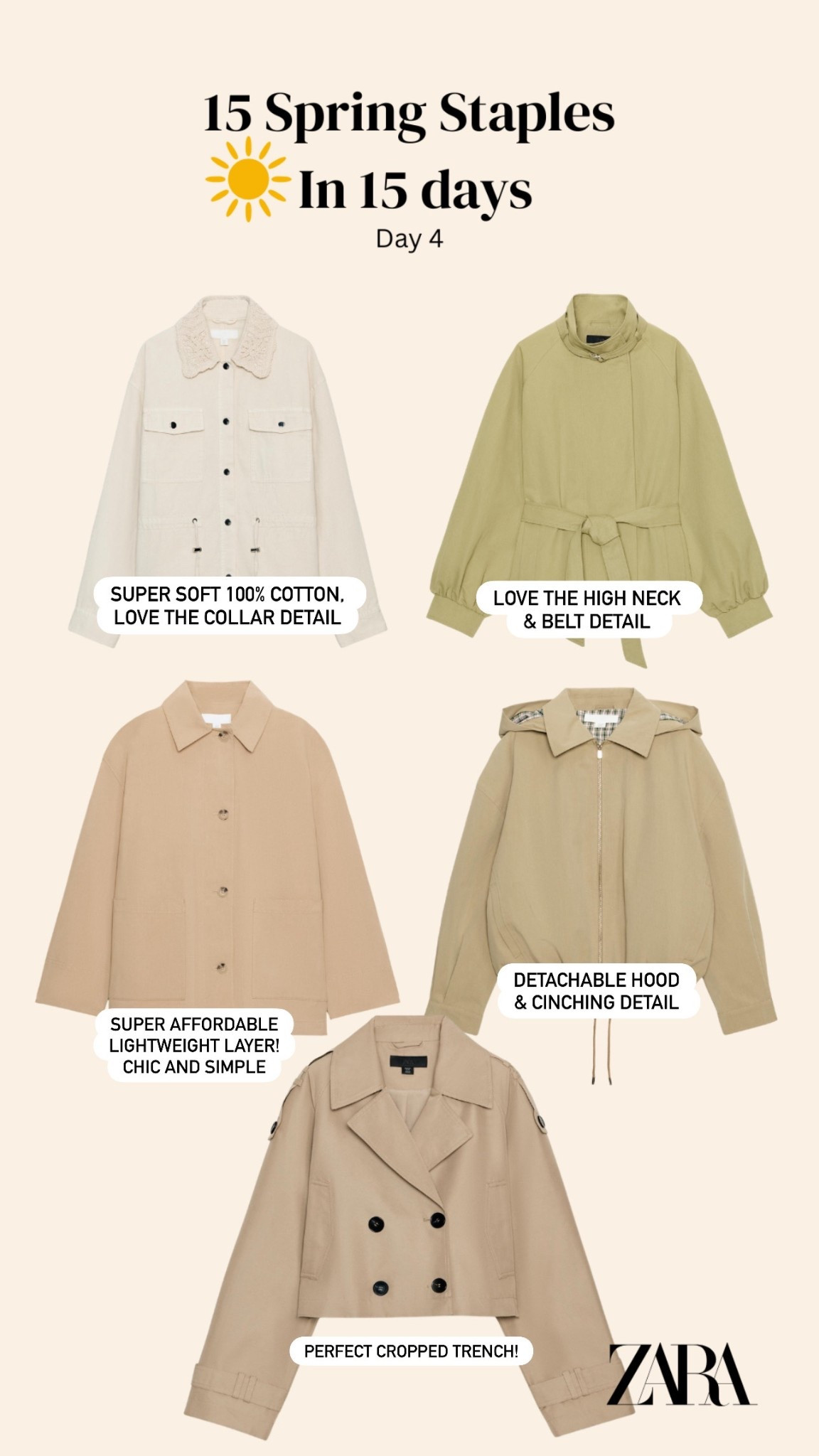Day 4 of 15 Spring Staples in 15 Days - A lightweight jacket option is a must! 5 affordable options from Zara that are easy to style and on trend 🌞

#LTKspring