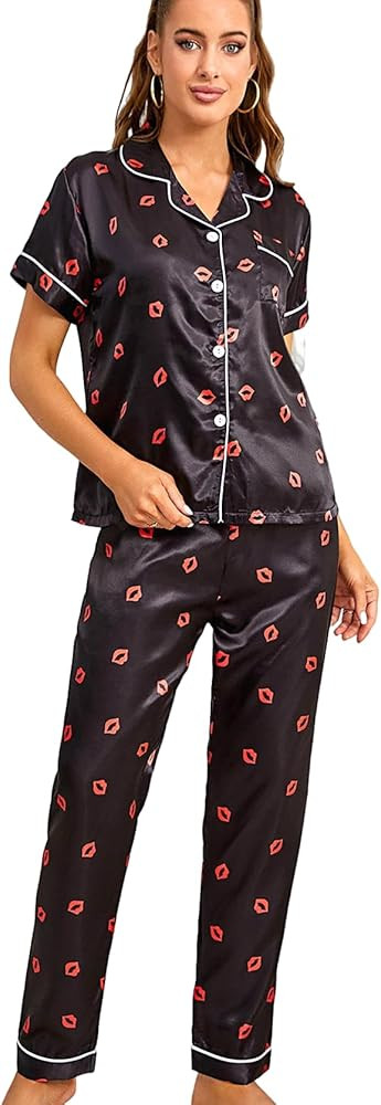 Women's 2 Piece Sleepwear Striped Satin Short Sleeve Shirt and Pants Pajama Set | Amazon (US)