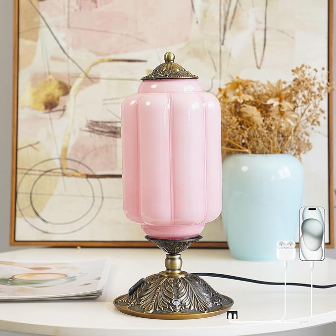 Vintage Pink Glass Touch Table Lamp, Elegant Milk Glass Bedside Desk Lamp 3 Way Dimmable with USB... | Amazon (US)