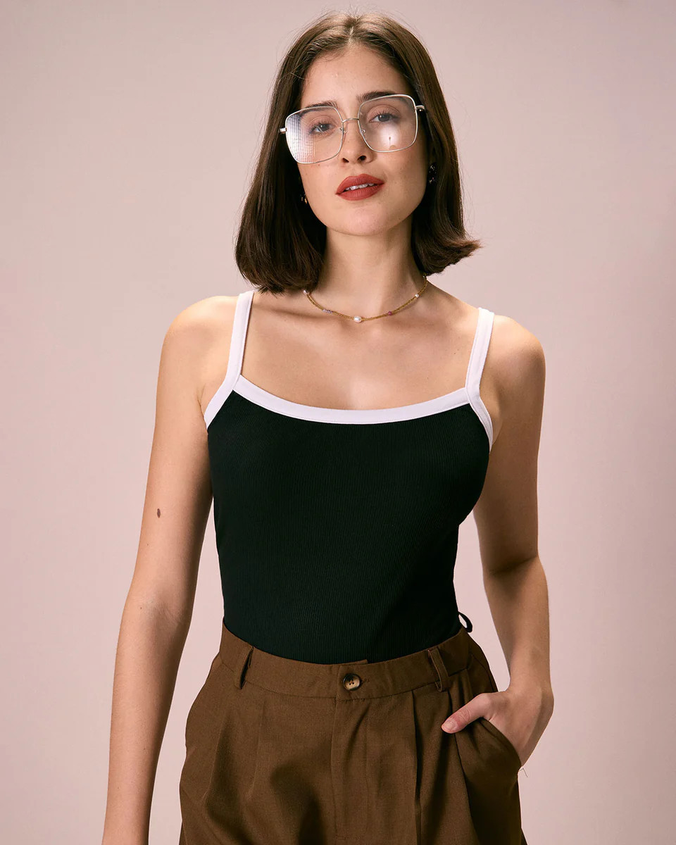The Black Contrast Knit Cami Top & Reviews - Black - Tops | RIHOAS | rihoas.com