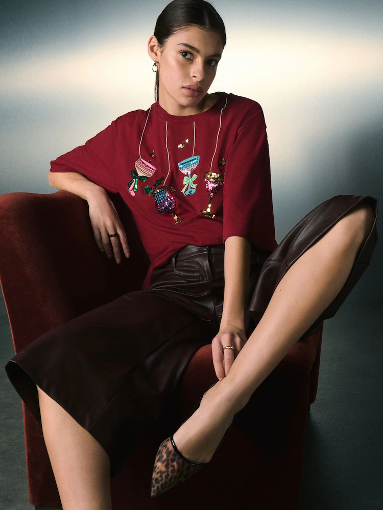 Burgundy Red Chrismas Bauble Graphic Short Sleeve T-Shirt with Sequins | Next EU