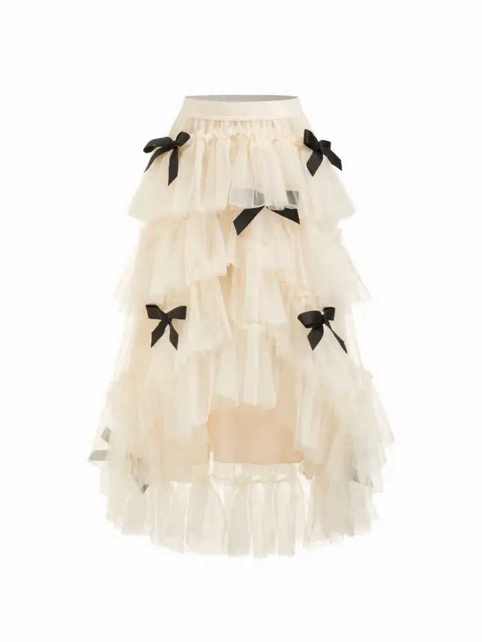Mesh Bow Decor Layered Midi Skirt For Date Exhibition | Cider
