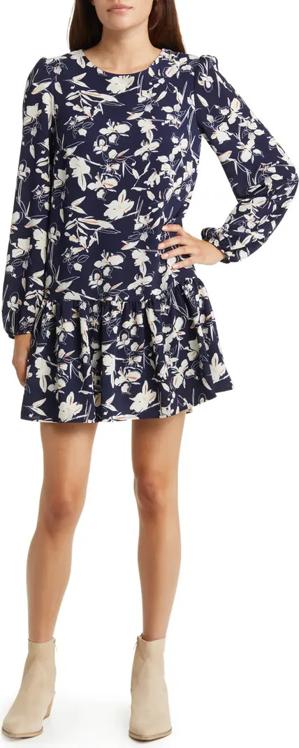 Floral Print Long Sleeve Drop Waist Minidress | Nordstrom