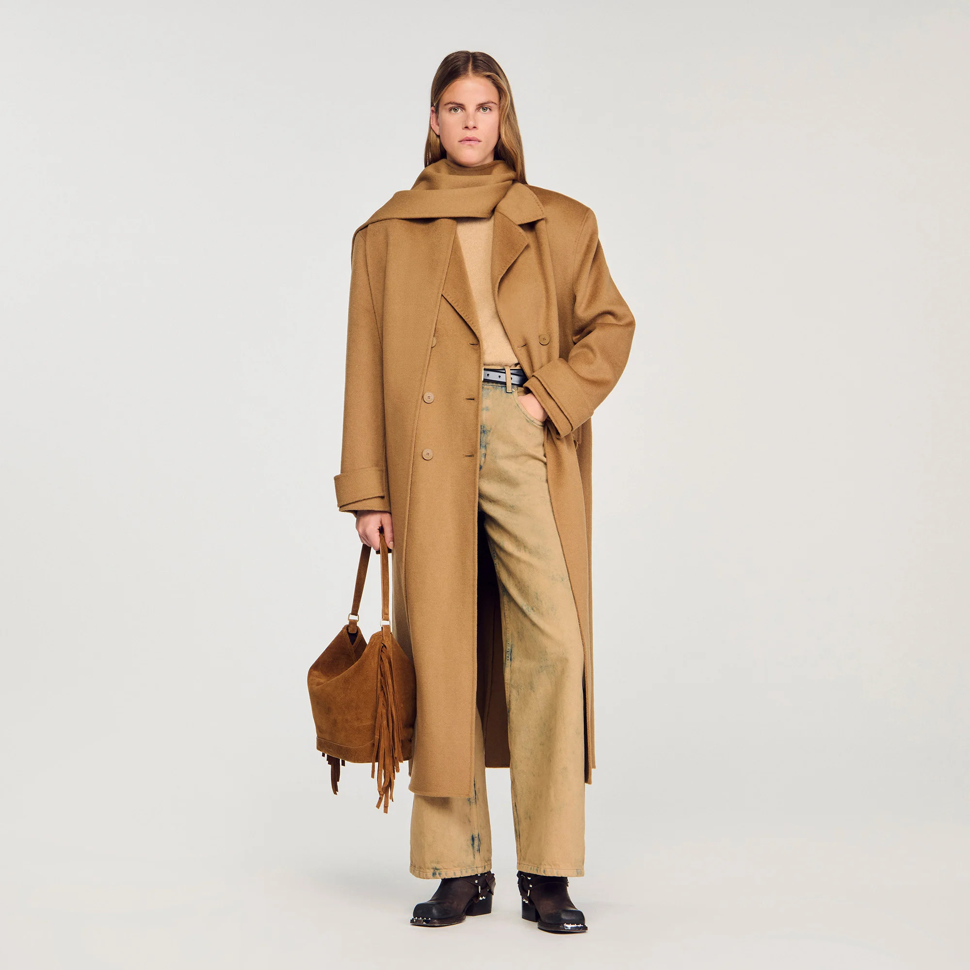 Oversized Wool Coat with removable scarf | Sandro US | Sandro-Paris US