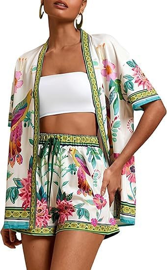 Women Boho Tropical Print Beach Cover Up Shorts Set 2 Piece Summer Lounge Outfit Lightweight Swim... | Amazon (US)