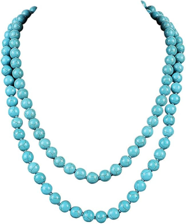 Fuqimanman2020 Long Turquoise Beaded Strand Necklace Endless Round Beads Multi Layer Heart Yoga M... | Amazon (US)