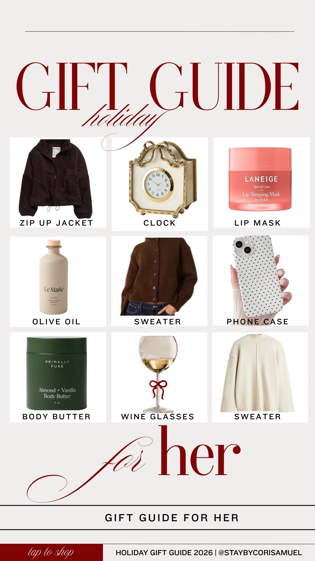 Gift guide for her! 🎁
These gifts include lip gloss, jackets, body butter, wine glass, clock and more! 

#LTKGiftGuide #LTKFindsUnder100 #LTKHoliday