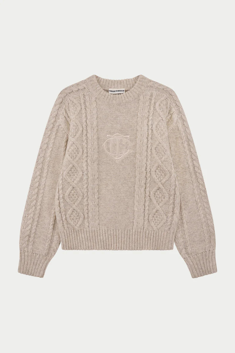 CABLE KNIT EMBROIDERED EMBLEM JUMPER - OAT | The Couture Club