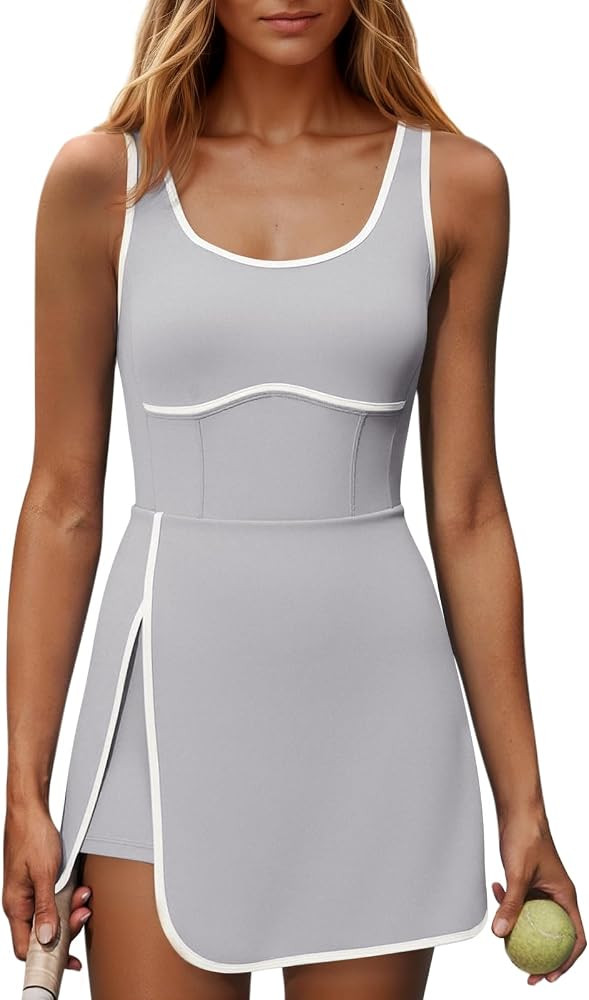 Fisoew Womens Workout Tennis Dress with Built-in Bra & Shorts Pockets Sleeveless Cutout Golf Athl... | Amazon (US)
