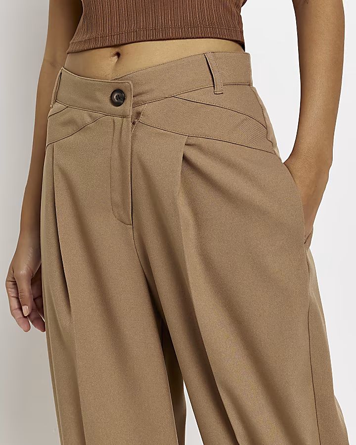 Beige crossed waistband straight trousers | River Island (US)