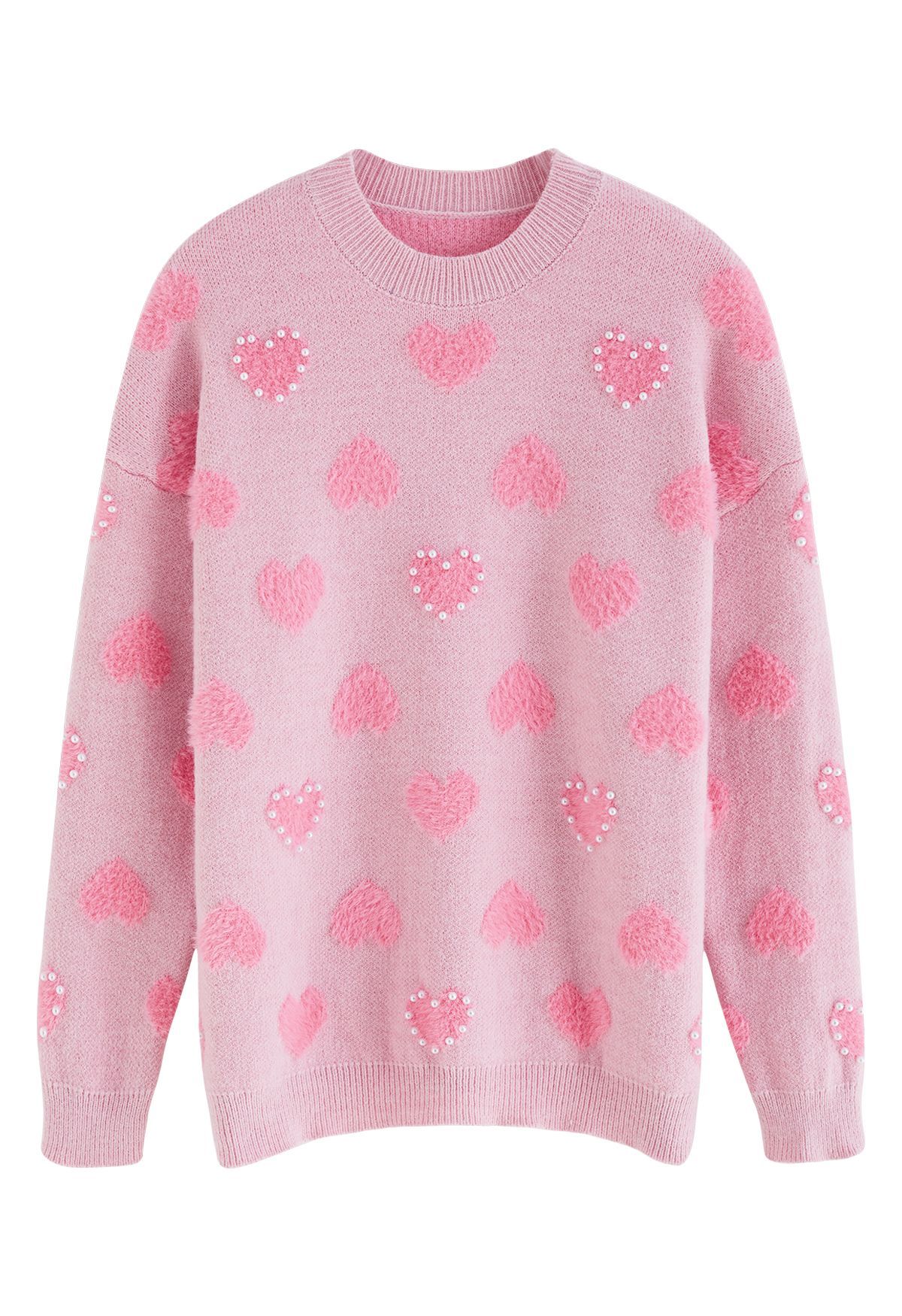 Pearl Trim Fluffy Heart Knit Sweater in Pink | Chicwish