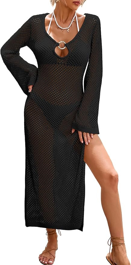 Womens Crochet Swimsuit Beach Cover Up 2026 V Neck Long Sleeve Mesh Knit Bathing Suit Swim Coveru... | Amazon (US)