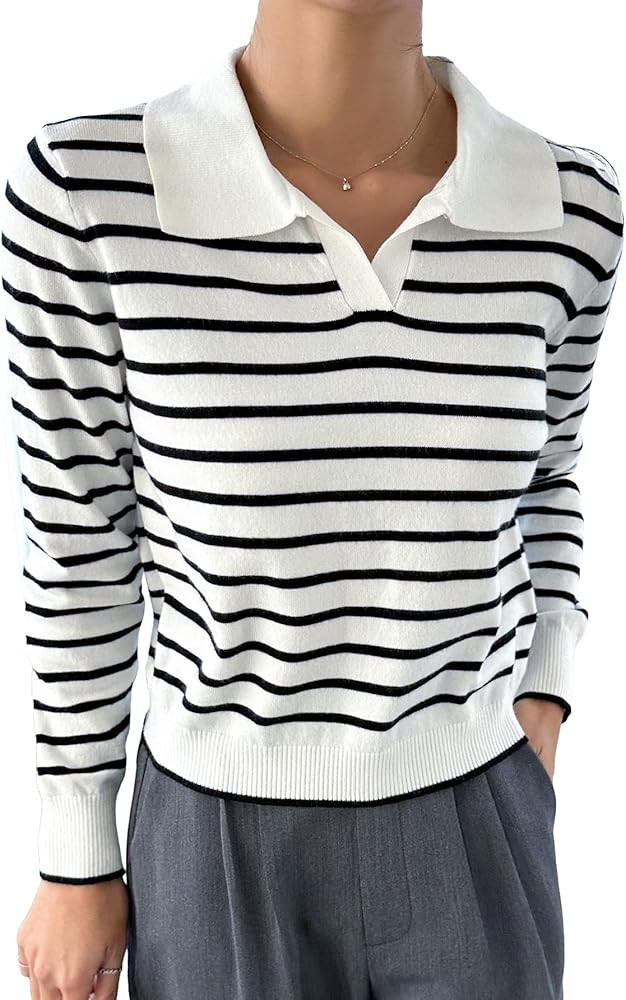 COZYEASE Women's Striped Printed Collared Neck Sweater Casual Long Sleeve Pullovers Sweater Top | Amazon (US)