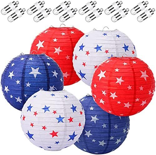 6 Pieces 4th of July Patriotic Day Party Paper Lanterns with 12 LED Paper Lantern Light, Red Whit... | Amazon (US)