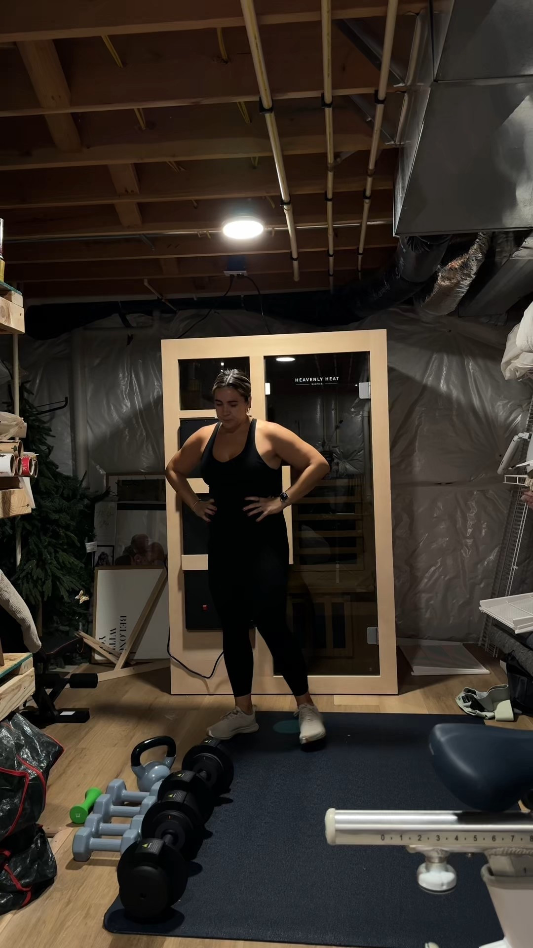 Getting 150g of protein in and my at home workout / home gym for now! If you want the protein at a discount go to the clean simple eats site and use code NINA. 