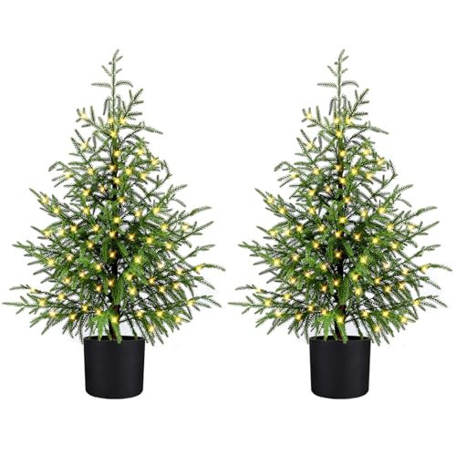 ENVEN 3FT Pre-Lit Artificial Norfolk Pine Christmas Tree – Realistic Potted Tree with 70 LED Lights & 8-Mode Battery Box, Pre-Assembled Faux Holiday Decor for Indoor Display (2) | Amazon (US)