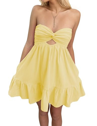 Meladyan Women’s Twist Knot Bandeau Tube Dress Solid Strapless Backless Mini Dresses Summer Hollow Ruffle Beach Dress Yellow | Amazon (US)