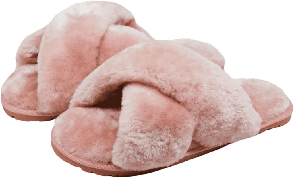 Crazy Lady Women's Slippers Fuzzy Fluffy Memory Foam House Shoes Cross Band Indoor and Outdoor | Amazon (US)