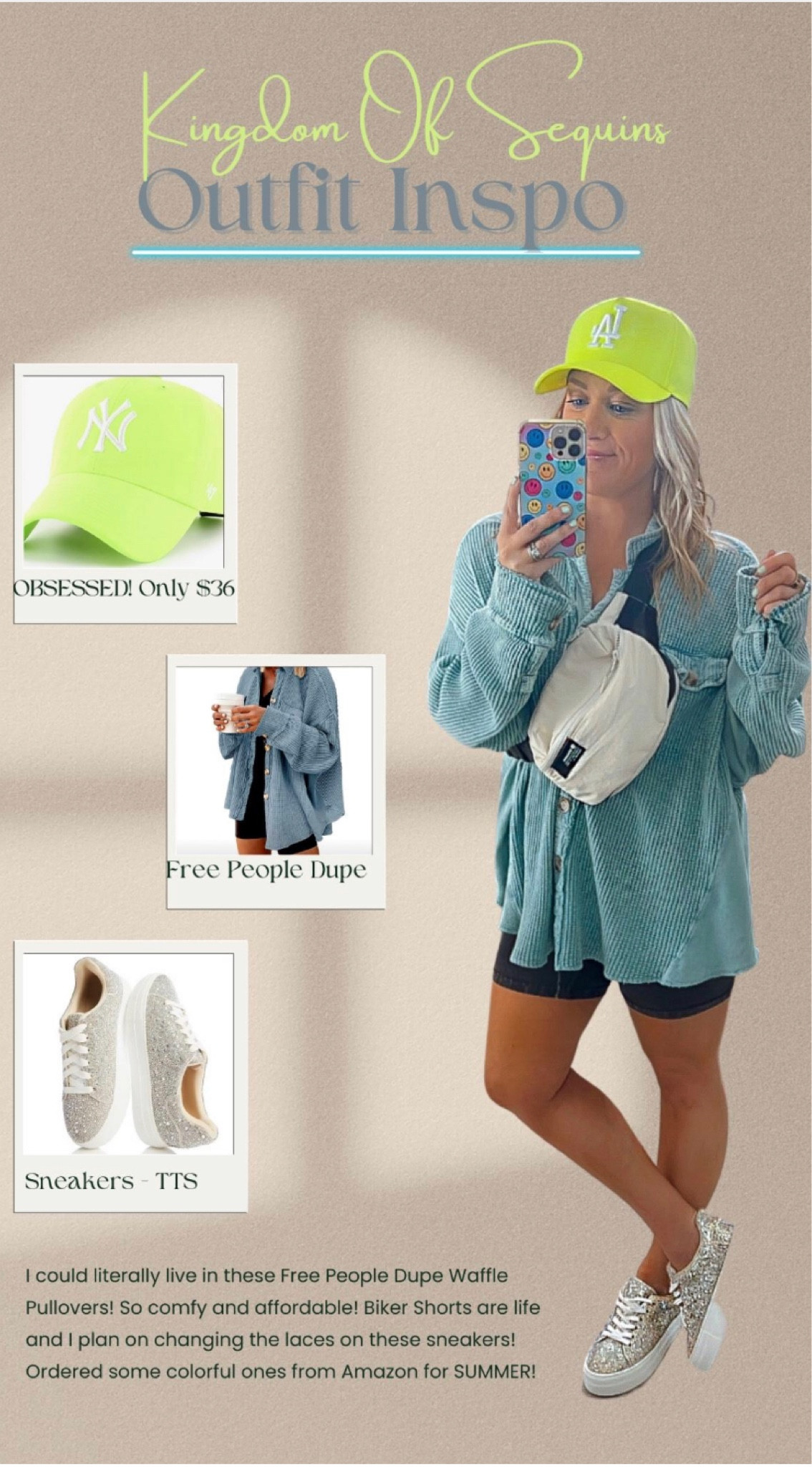 Kingdom of sequins outfit inspo
People waffle knit pullover dupe- med
Biker shorts from amazon- med
Betsey Johnson rhinestone sneakers-tts