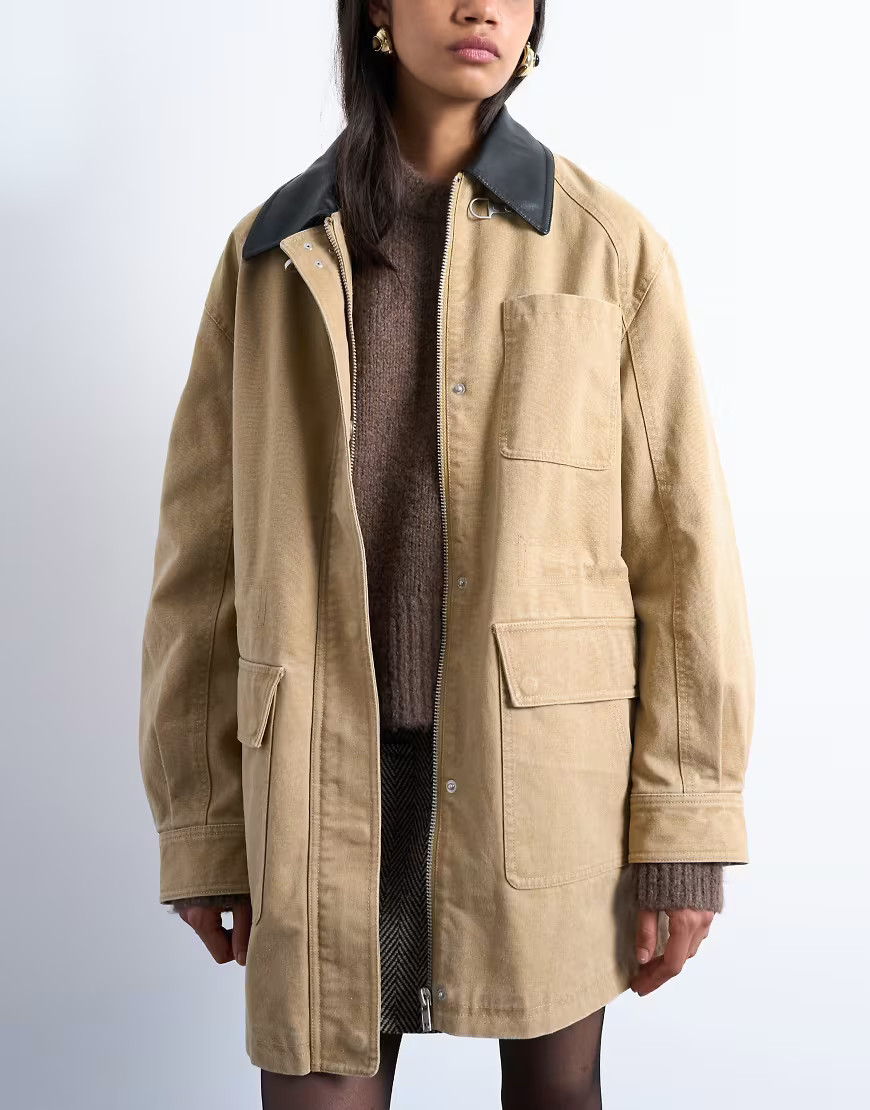 Topshop - Giacca barn super oversize color cuoio con fibbia-Marrone | ASOS (Global)