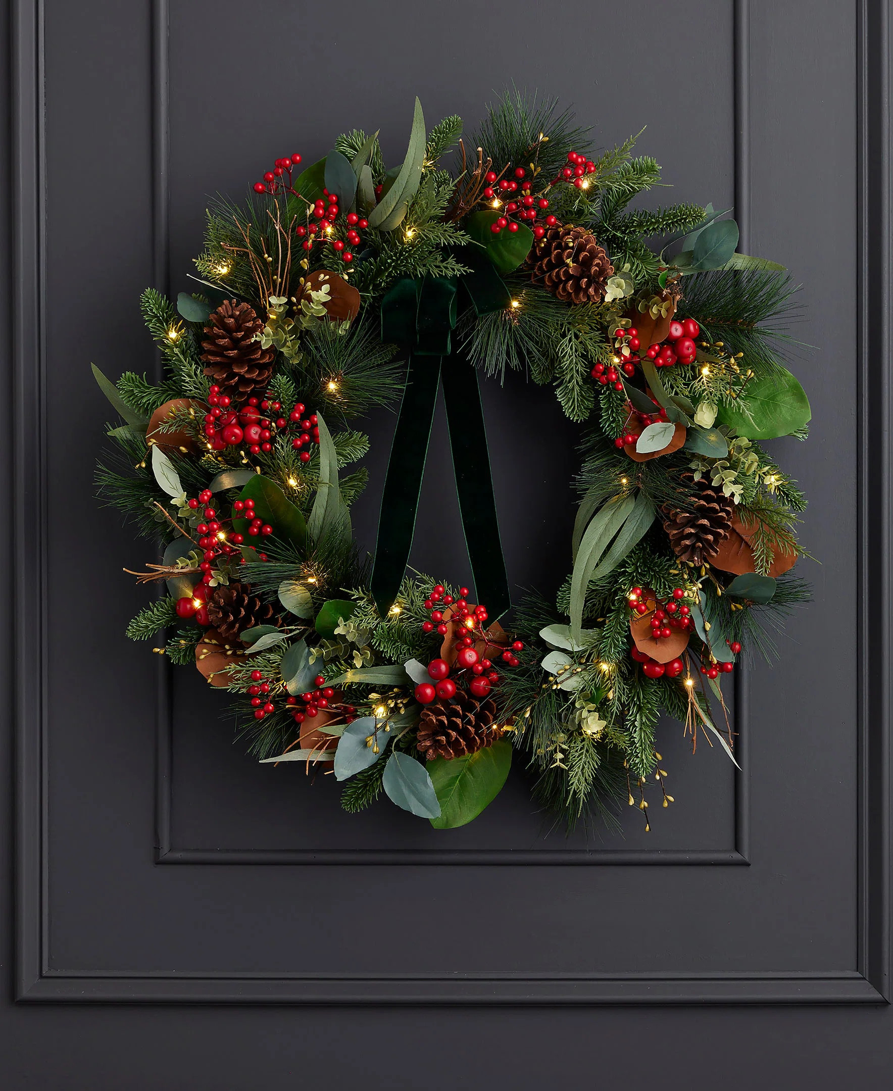 Magnolia Leaf, Eucalyptus, and Berry 28in Wreath, Pre-Lit with 35 LED Fairy Lights B/O | Birch Lane