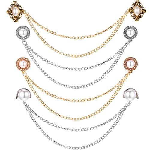 Vintage Sweater Shawl Chain Clips 4 Pcs Antique Cardigan Collar Holders Decorations Cardigan Clip Collar Pins Dress Sweater Collar Brooch for Women Christmas Halloween (Pearl Rhinestone) | Amazon (US)