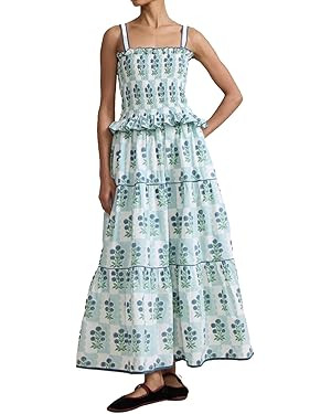 Women Floral Maxi Dress Sleeveless Smocked Ruffle Flowy Boho Sundress with Pockets Summer Vacatio... | Amazon (US)