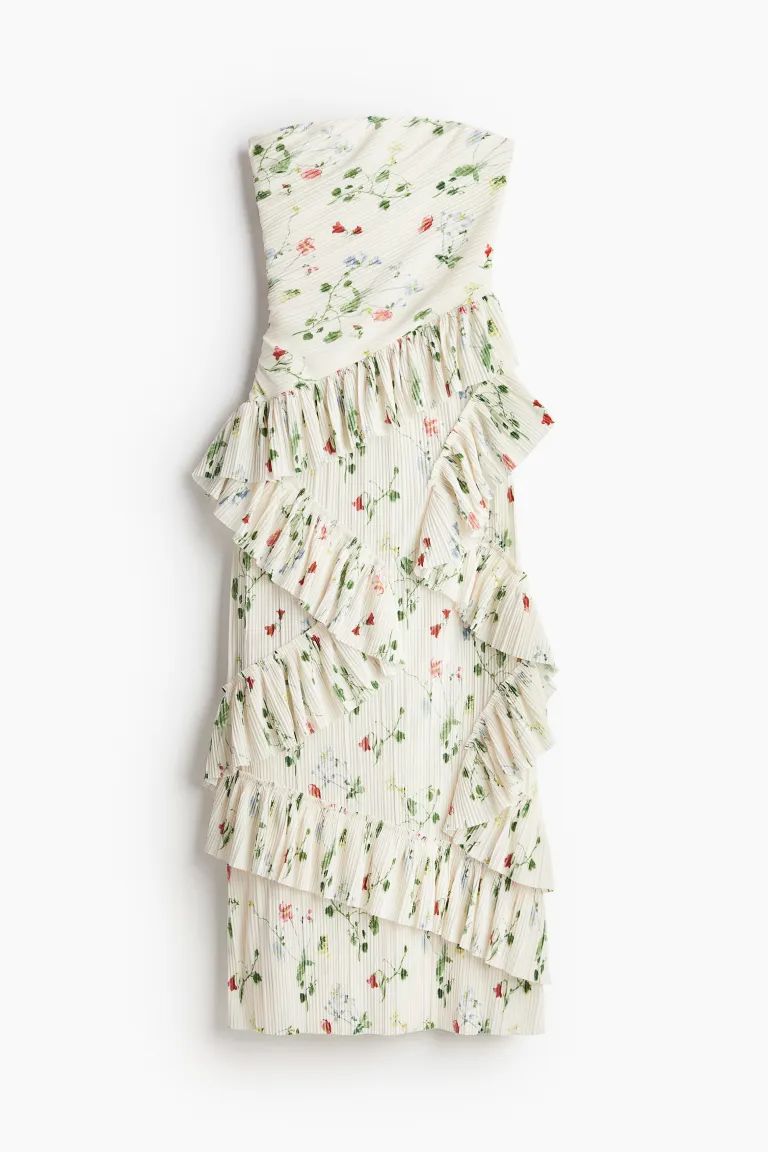 Frill-trimmed bandeau dress - Sleeveless - Midi - White/Floral - Ladies | H&M GB | H&M (UK, MY, IN, SG, PH, TW, HK)