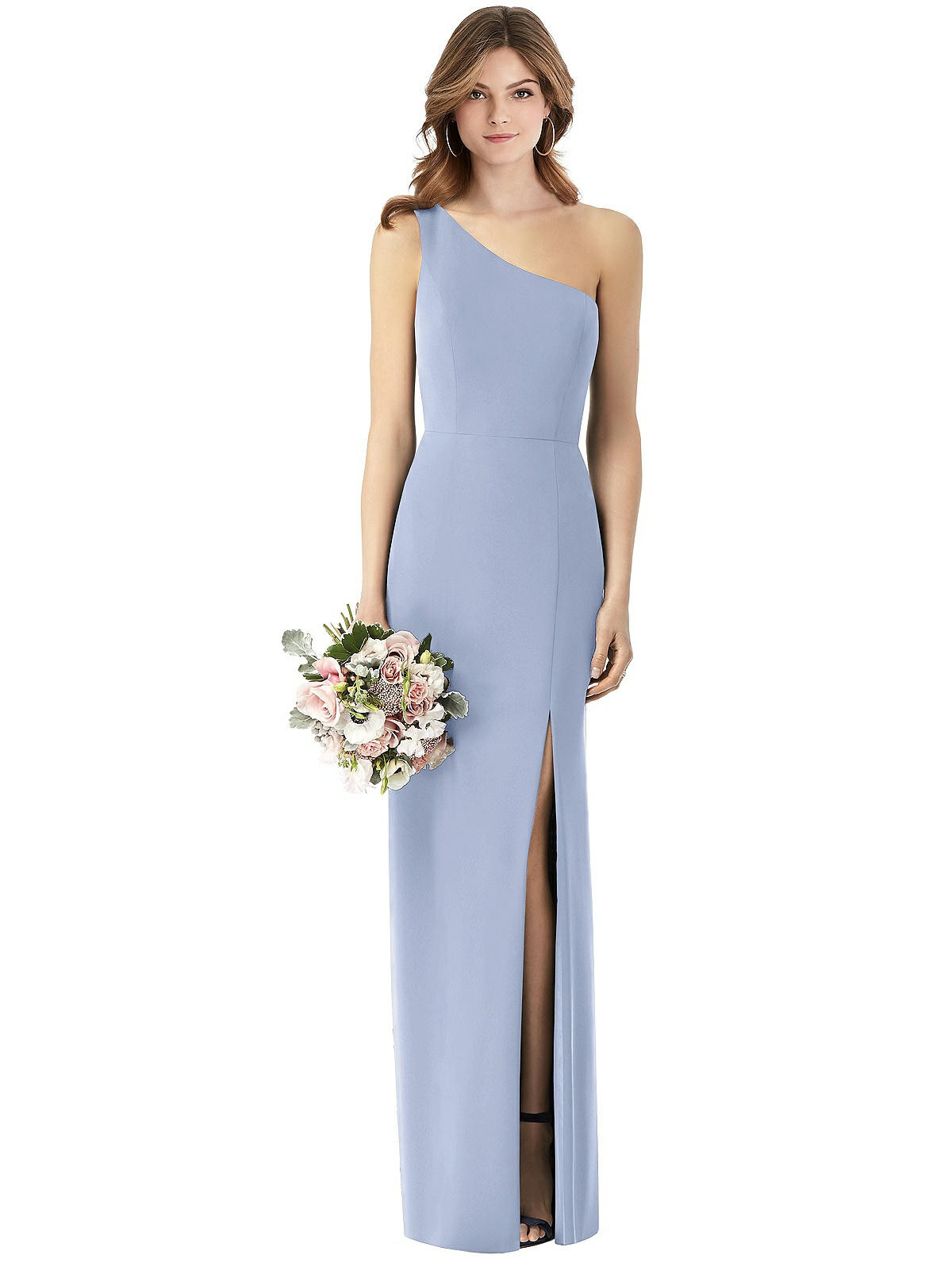 One-Shoulder Crepe Trumpet Gown with Front Slit in Sky Blue | The Dessy Group