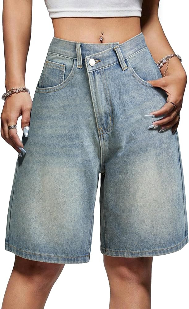 EMMIOL Women Jorts Baggy Jeans Shorts Knee Length Mid-Low Waisted Denim Y2K Bermuda Shorts Summer... | Amazon (US)