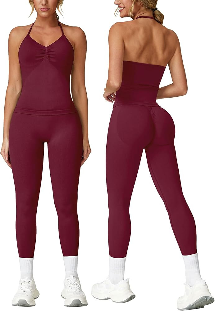 ABOCIW Workout Sets for Women Seamless Scunch Butt Lifting Impact Leggings Longline Strappy Top 2... | Amazon (US)